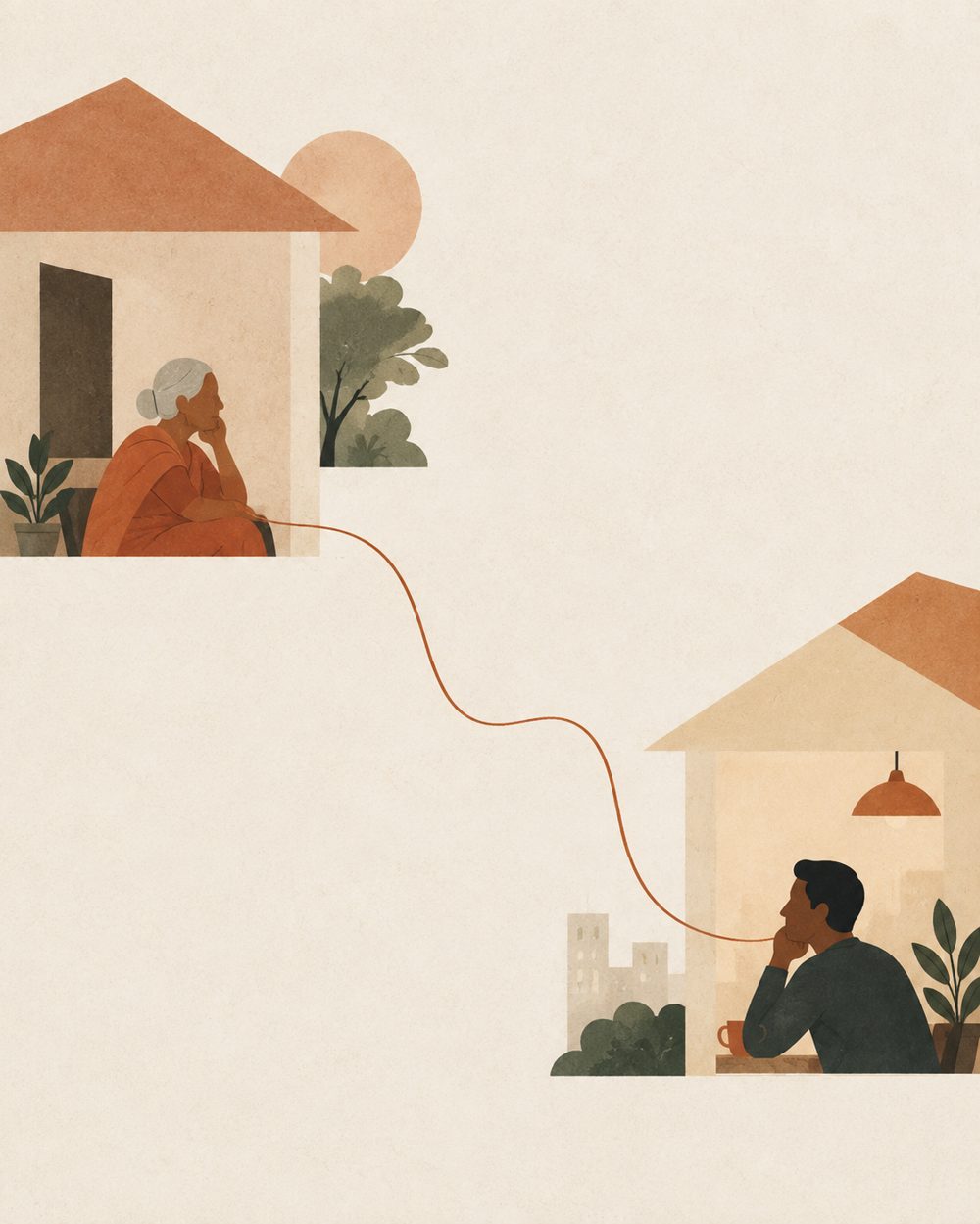 Illustration of a family connected across distance through a care manager